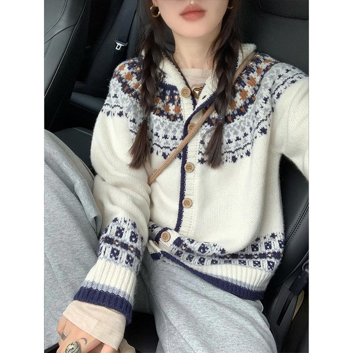 Женский кардиган KANING в стиле ретро Fair Isle с жаккардовым узором, мягкий вощеный свитер-жакет, новинка осени-зимы 2025...