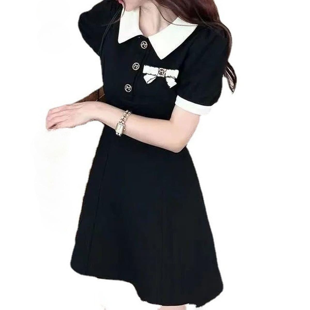 Черное платье с воротником поло в стиле Chanel женское 2022 летнее новый стиль маленький дизайн стройнящая маленькая черная...