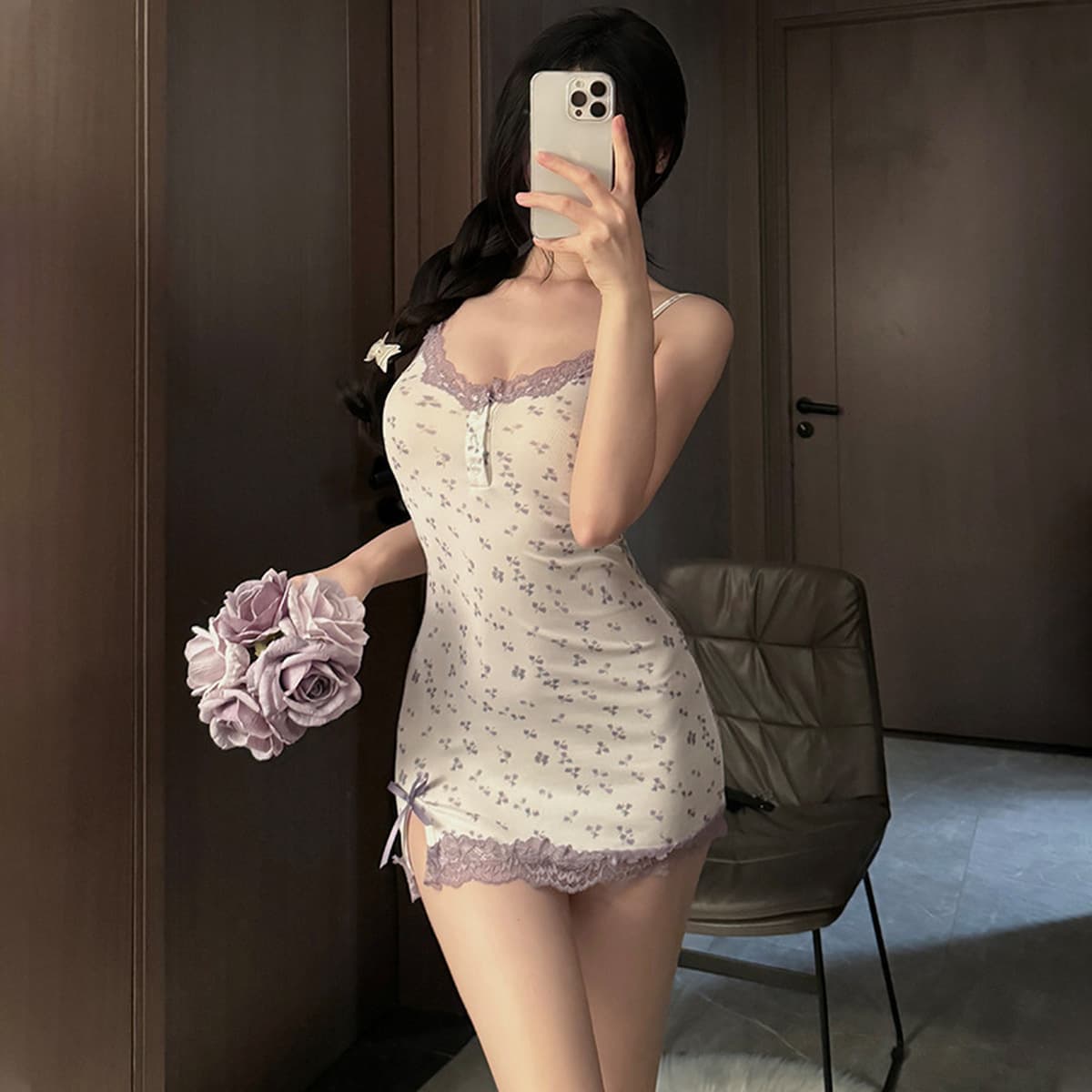 Pure Girl Пижама Черная бабочка кружева Модаль Сексуальная юбка-подтяжка Супер короткая стройная облегная пряная девушка...