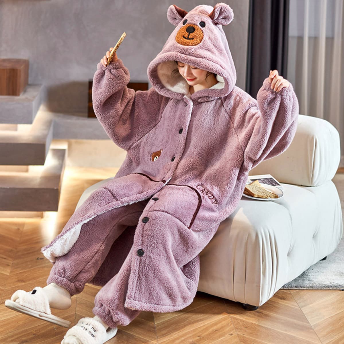 Caini Love Пижама женская зимняя Коралловая флисовая утолщенная длинная фланелевая ночная рубашка с капюшоном мужская парная...