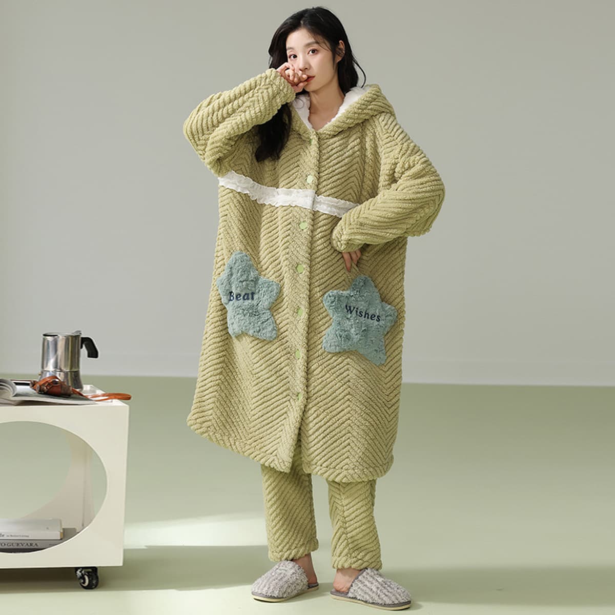 Caini Love Пижама женская зимняя Коралловая флисовая утолщенная длинная фланелевая ночная рубашка с капюшоном мужская парная...