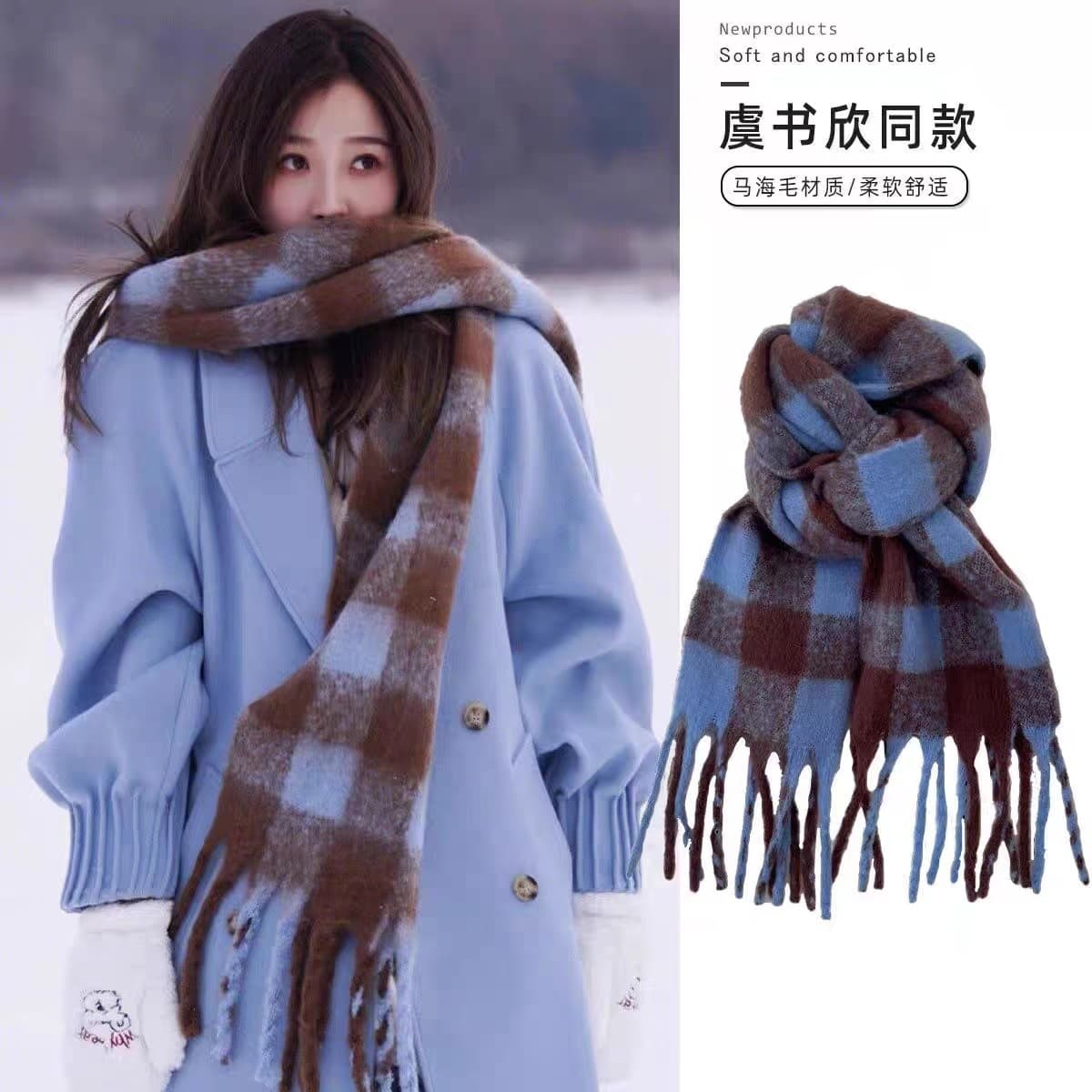 Атмосфера ~ Корейская версия фиолетового мохерского шарфа в клетку женский осенний и зимний дикий толстый платок теплая...