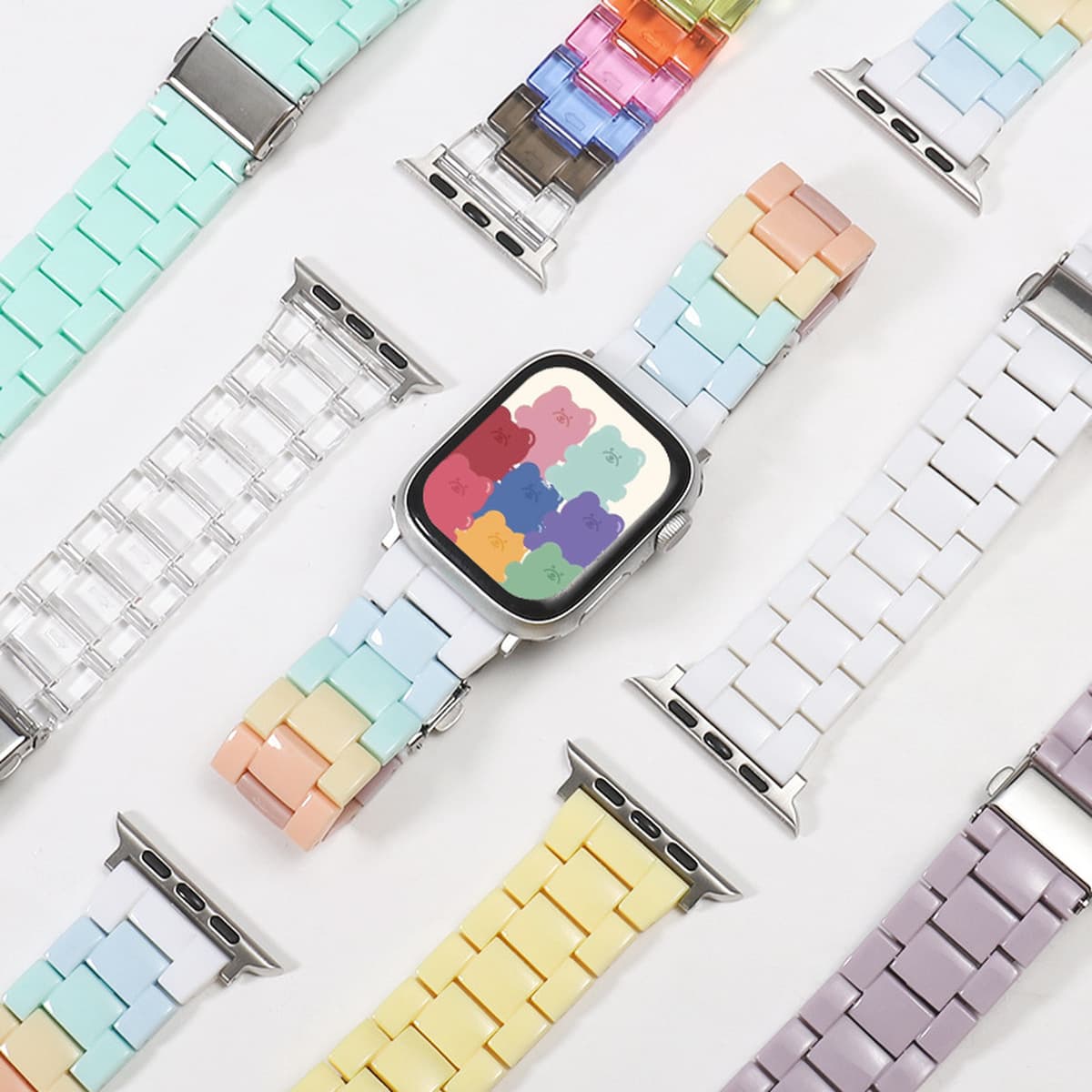 Подходит для ремешка для умных часов Apple 1-8 поколения Candy Color Resin Акриловый прозрачный радужный ремешок Прямой