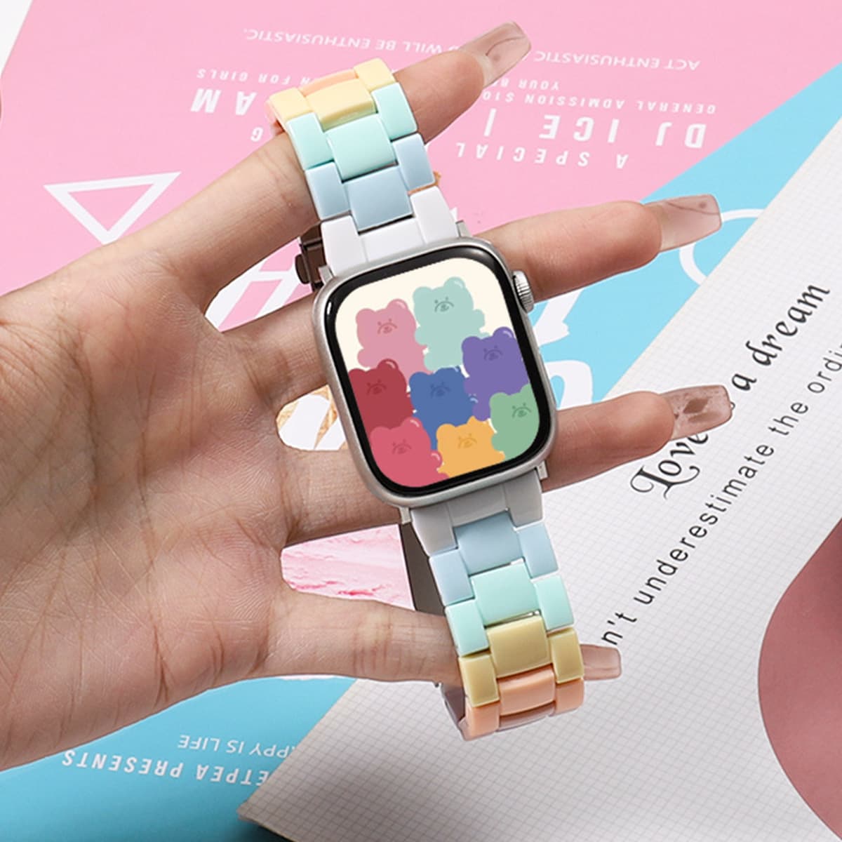 Подходит для ремешка для умных часов Apple 1-8 поколения Candy Color Resin Акриловый прозрачный радужный ремешок Прямой