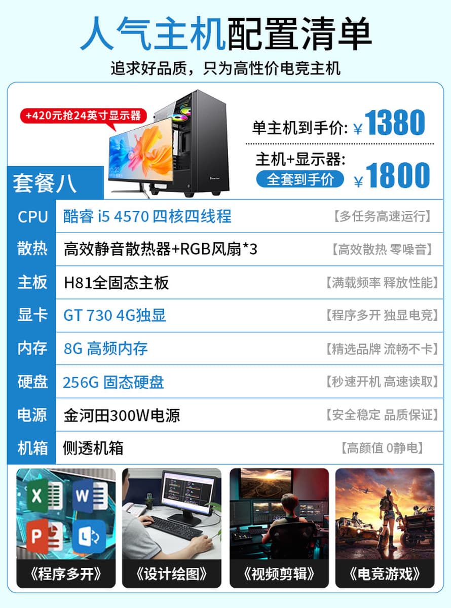 Игровой компьютер I514400F/4060 8G, высокопроизводительный, полный комплект для офиса и игр